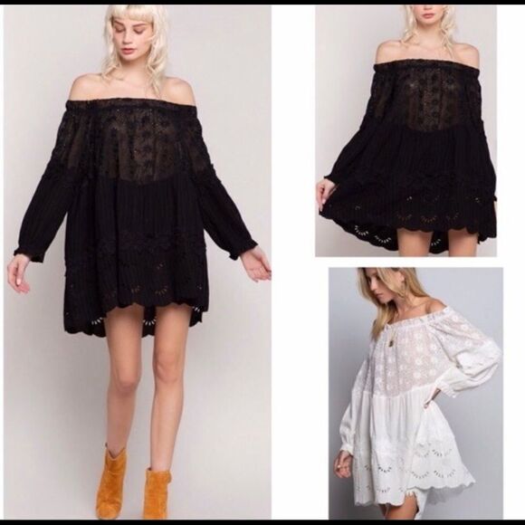 white Off Shoulder Tunic w Lace Trim & 3/4 Sleeves - Picture 12 of 15